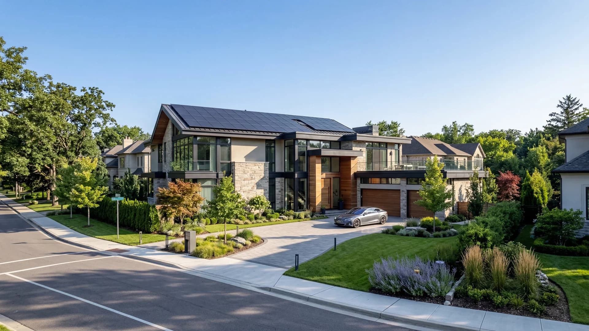 Luxury modern home with solar panels viewed from street level