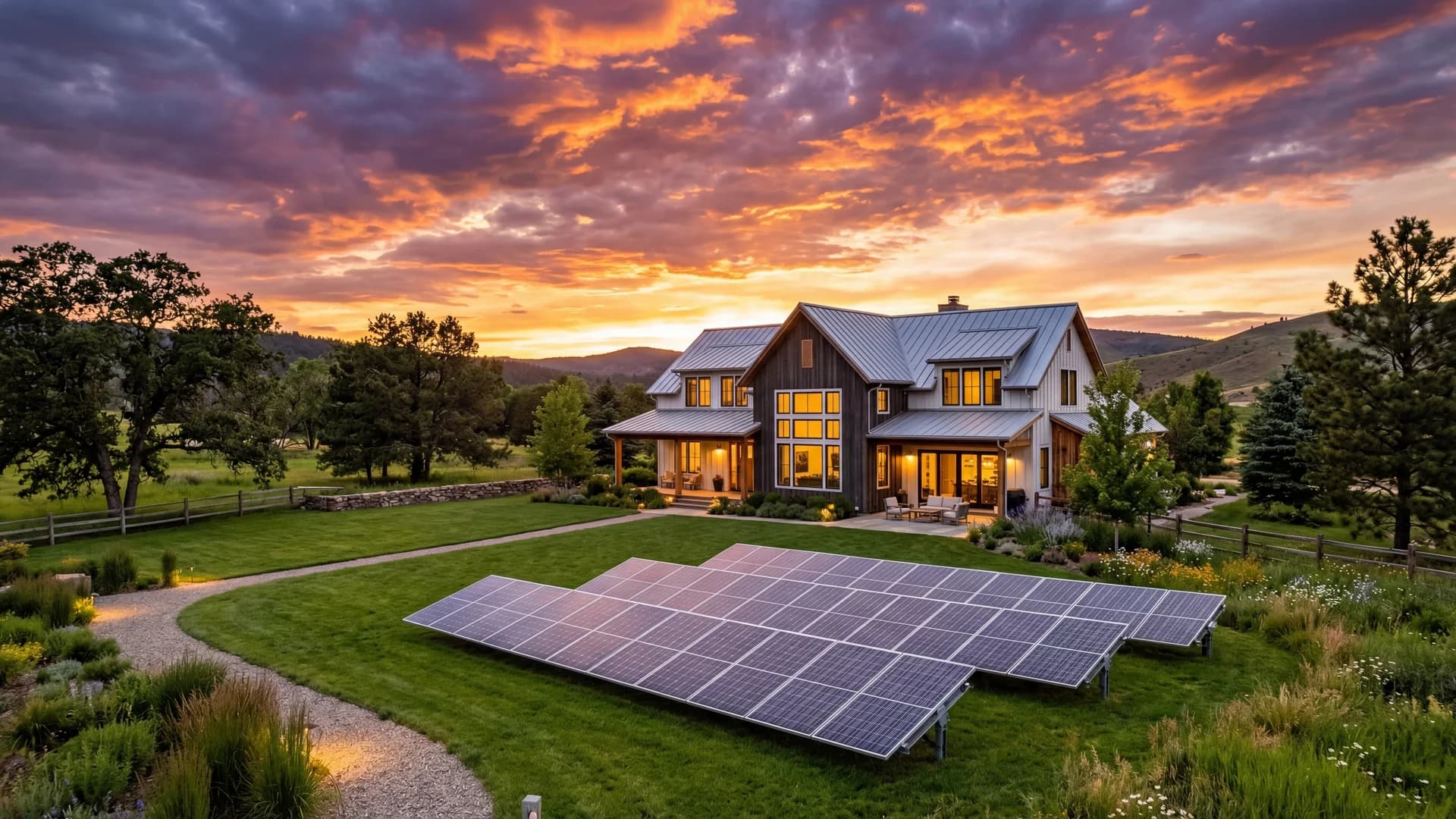 Solar powered farmhouse at sunset with ground-mounted panel array