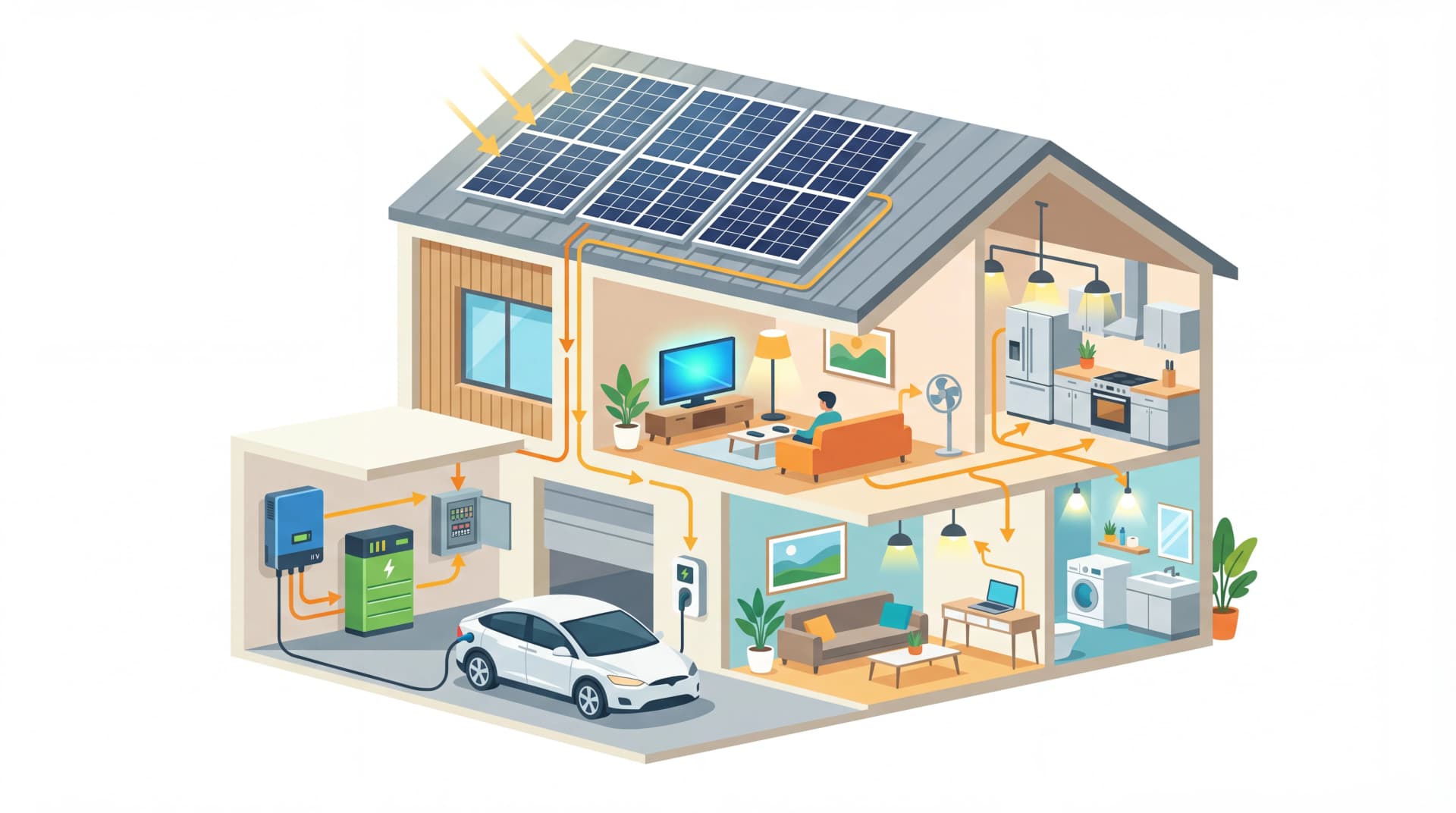 Isometric cutaway illustration showing solar energy flow from panels to inverter to home to power grid