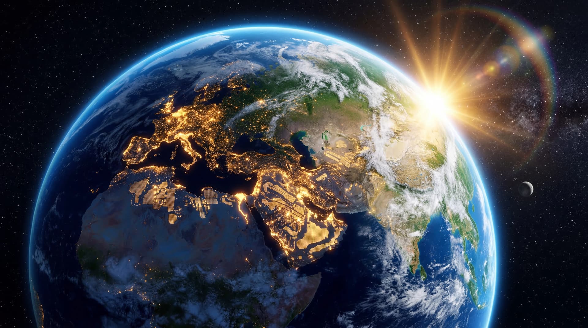 Earth from space showing daylight side illuminated by the sun